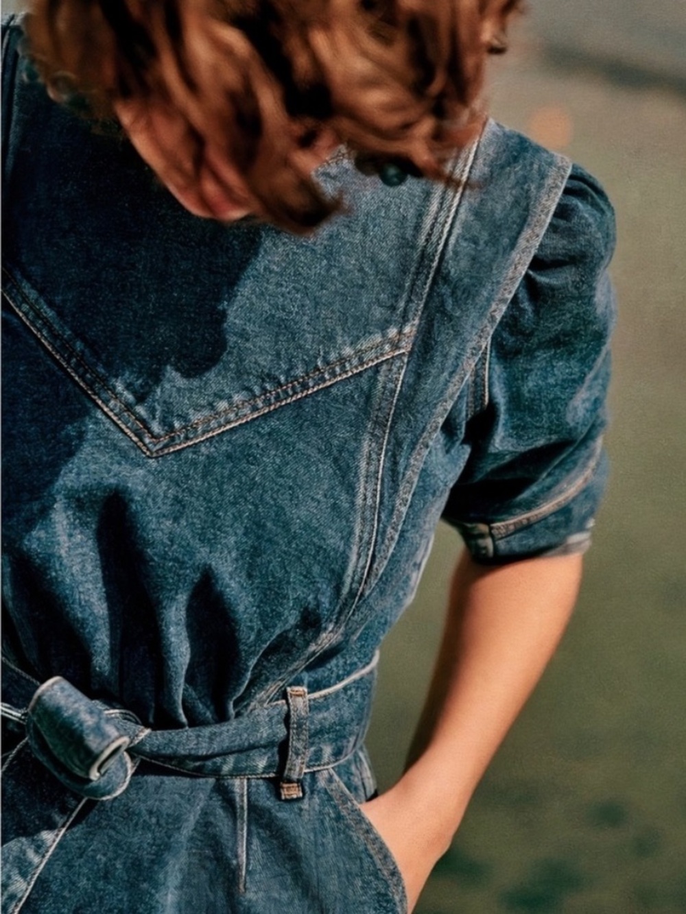 SEZANE Blue Denim Tie Waist Belted Puff Sleeve Button Back Haneia Mini Dress - Picture 9 of 15
